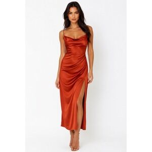 Finesse Burnt Orange Satin Cowl Neck Ruched Midi Dress Side Slit Size Small
